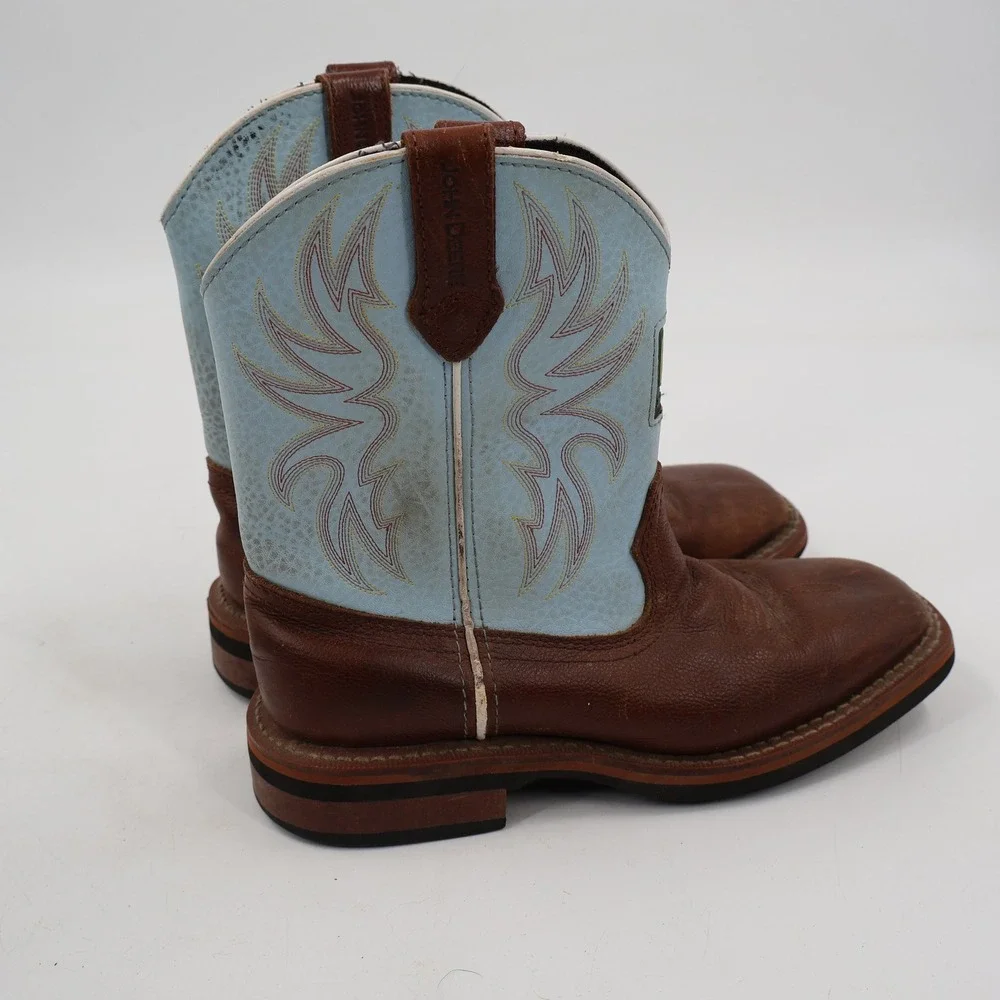 John Deere Western Cowboy Boots Boys Size 3M Brown Blue Leather JD2316